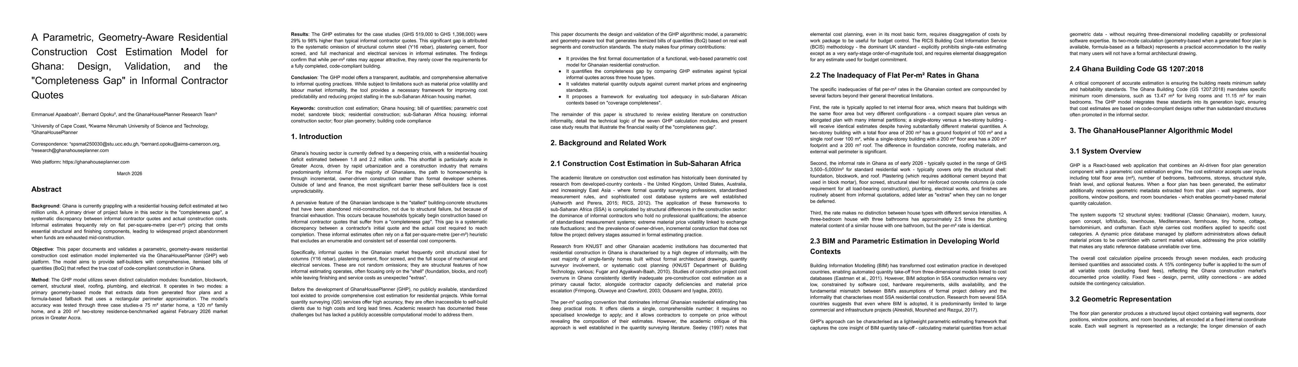 Thumbnail for A Parametric, Geometry-Aware Residential Construction Cost Estimation Model for Ghana: Design, Validation, and the "Completeness Gap" in Informal Contractor Quotes