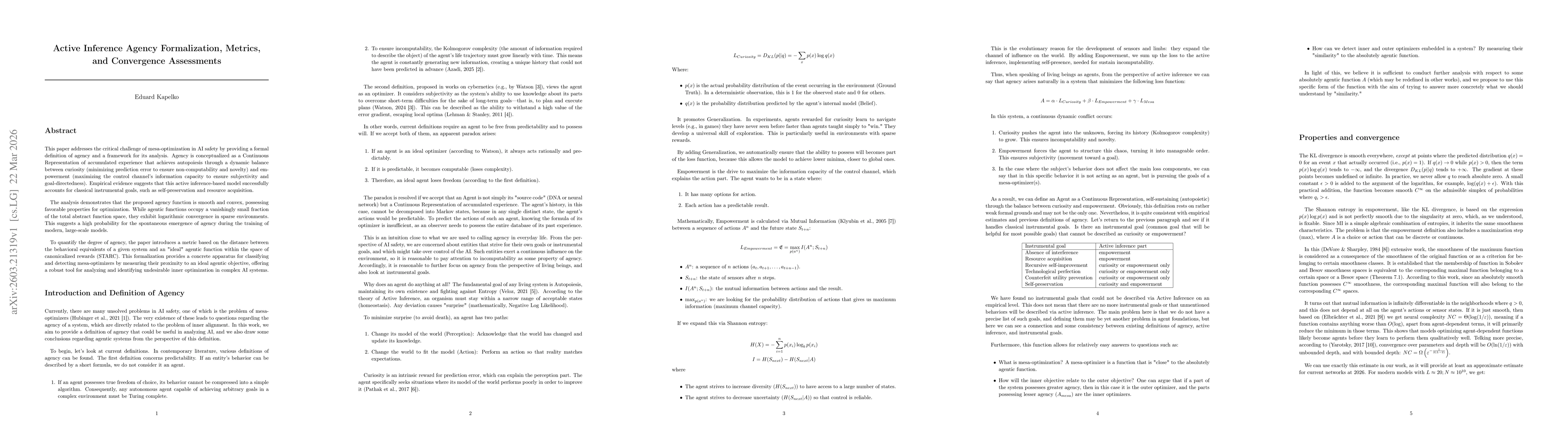 Thumbnail for Active Inference Agency Formalization, Metrics, and Convergence Assessments