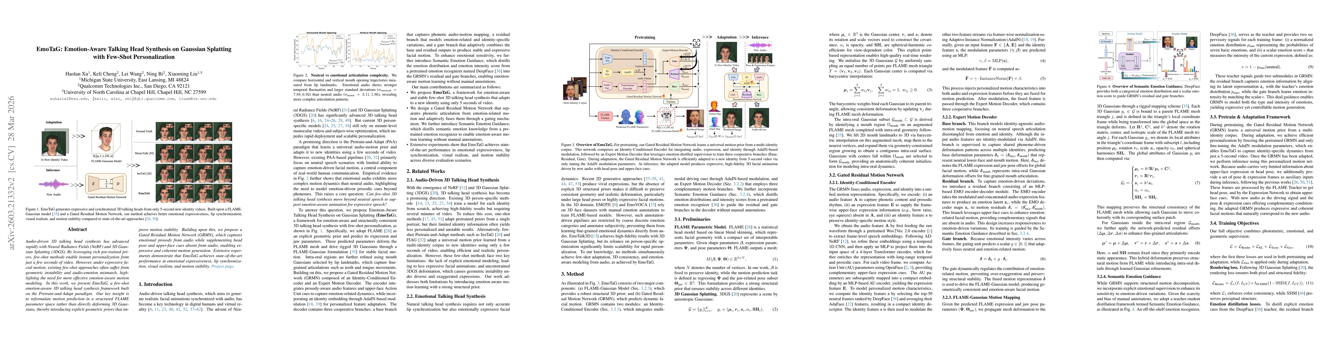 Thumbnail for EmoTaG: Emotion-Aware Talking Head Synthesis on Gaussian Splatting with Few-Shot Personalization