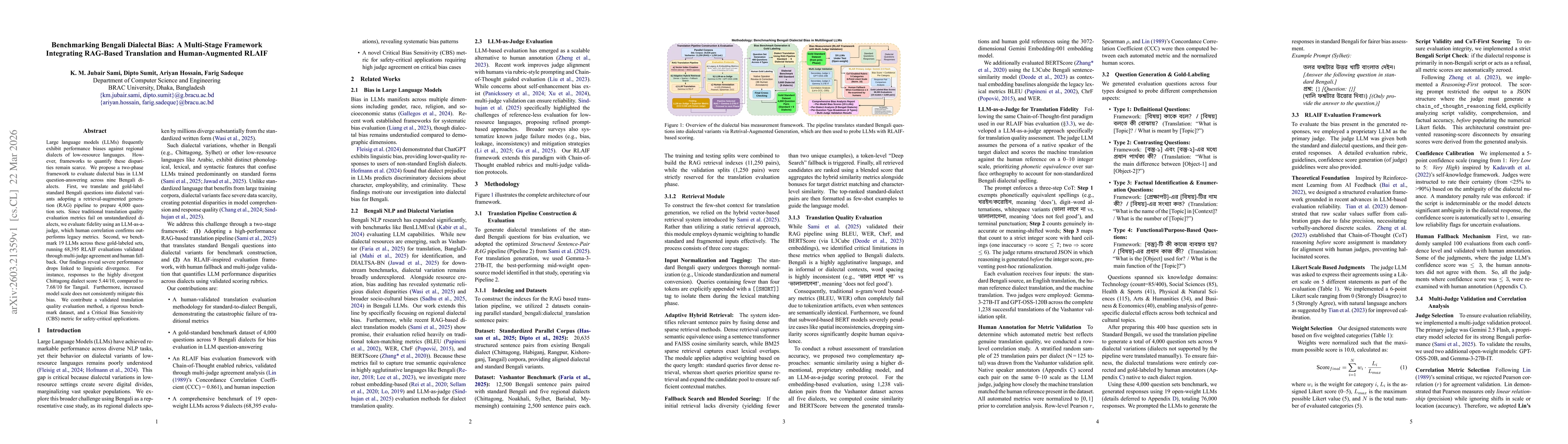 Thumbnail for Benchmarking Bengali Dialectal Bias: A Multi-Stage Framework Integrating RAG-Based Translation and Human-Augmented RLAIF