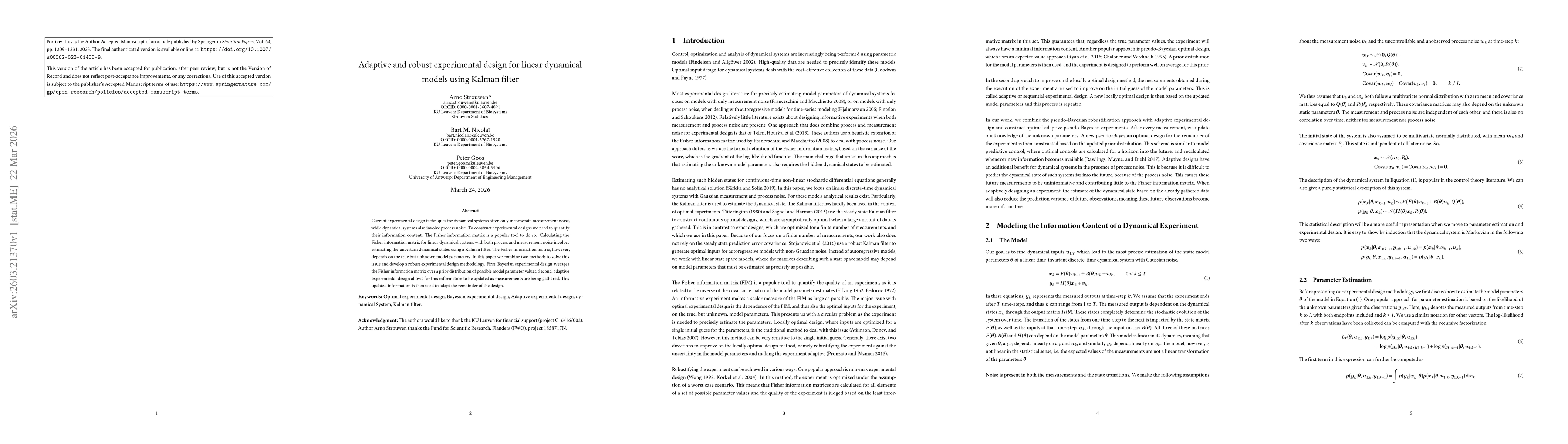 Thumbnail for Adaptive and robust experimental design for linear dynamical models using Kalman filter