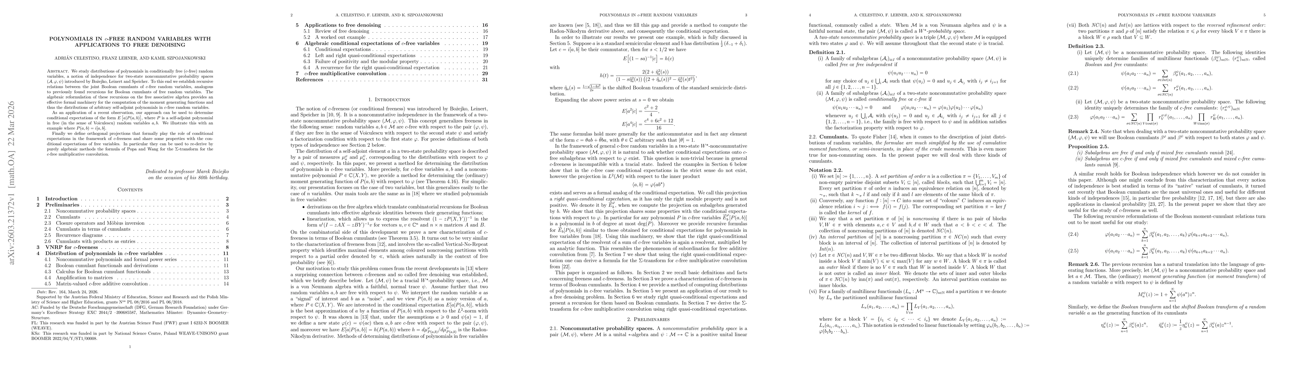 Thumbnail for Polynomials in $c$-free random variables with applications to free denoising