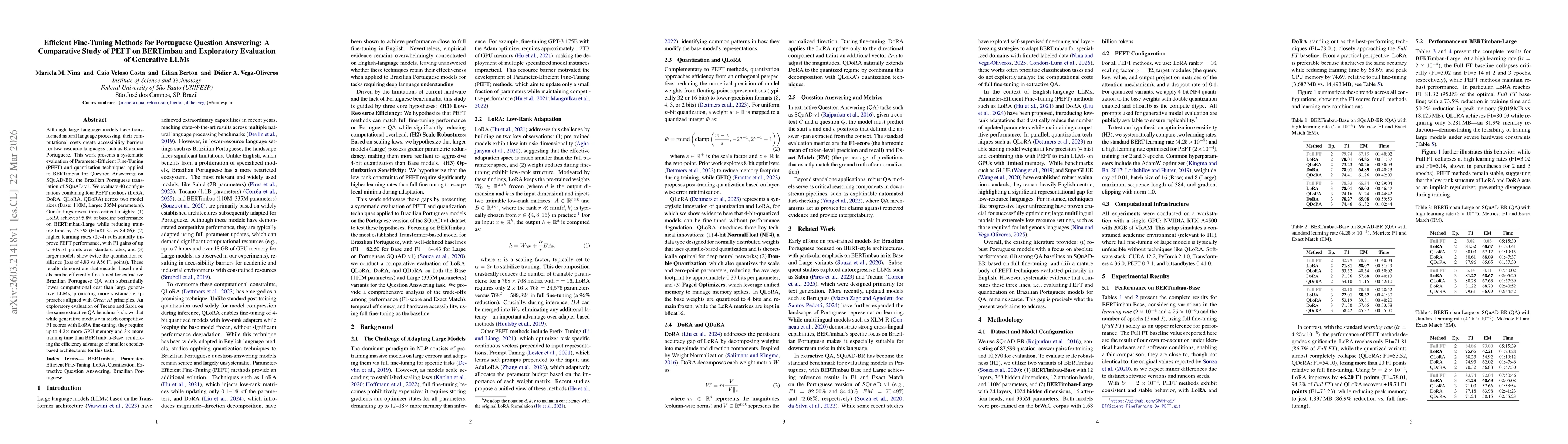 Thumbnail for Efficient Fine-Tuning Methods for Portuguese Question Answering: A Comparative Study of PEFT on BERTimbau and Exploratory Evaluation of Generative LLMs