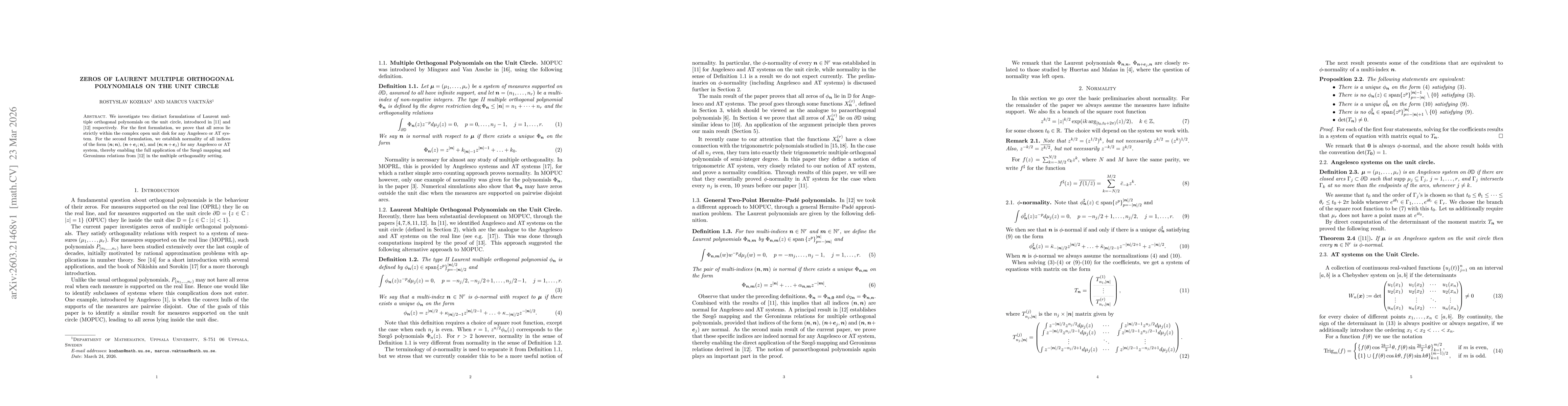 Thumbnail for Zeros of Laurent multiple orthogonal polynomials on the unit circle