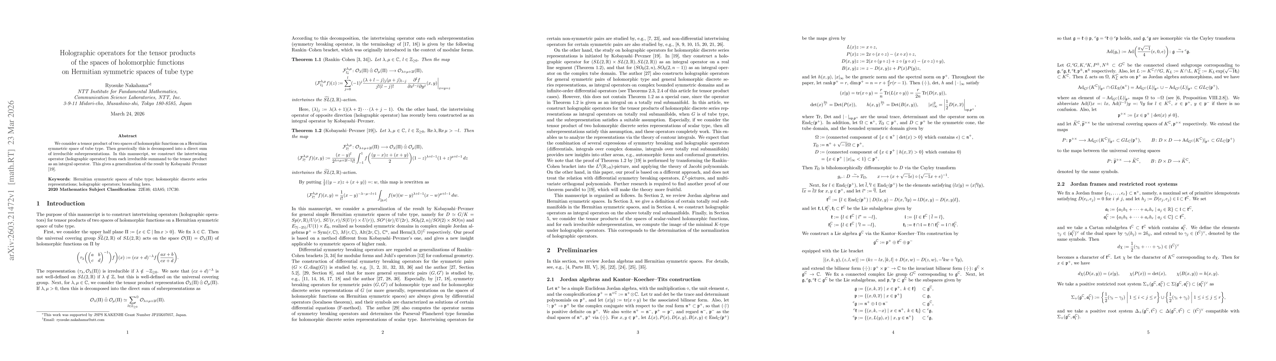 Thumbnail for Holographic operators for the tensor products of the spaces of holomorphic functions on Hermitian symmetric spaces of tube type