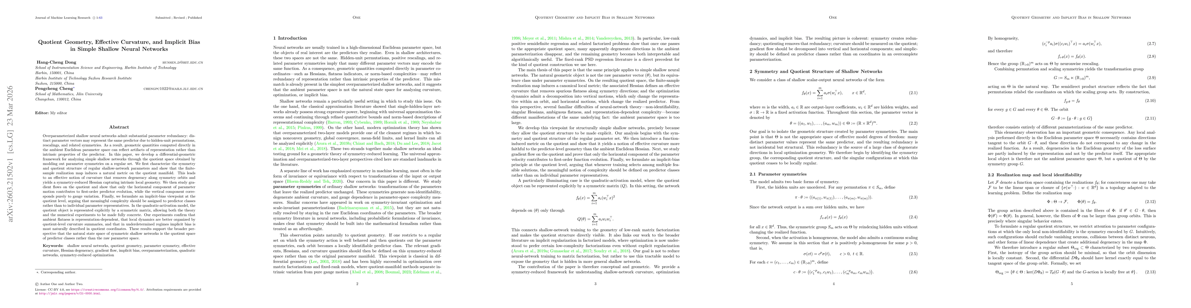 Thumbnail for Quotient Geometry, Effective Curvature, and Implicit Bias in Simple Shallow Neural Networks