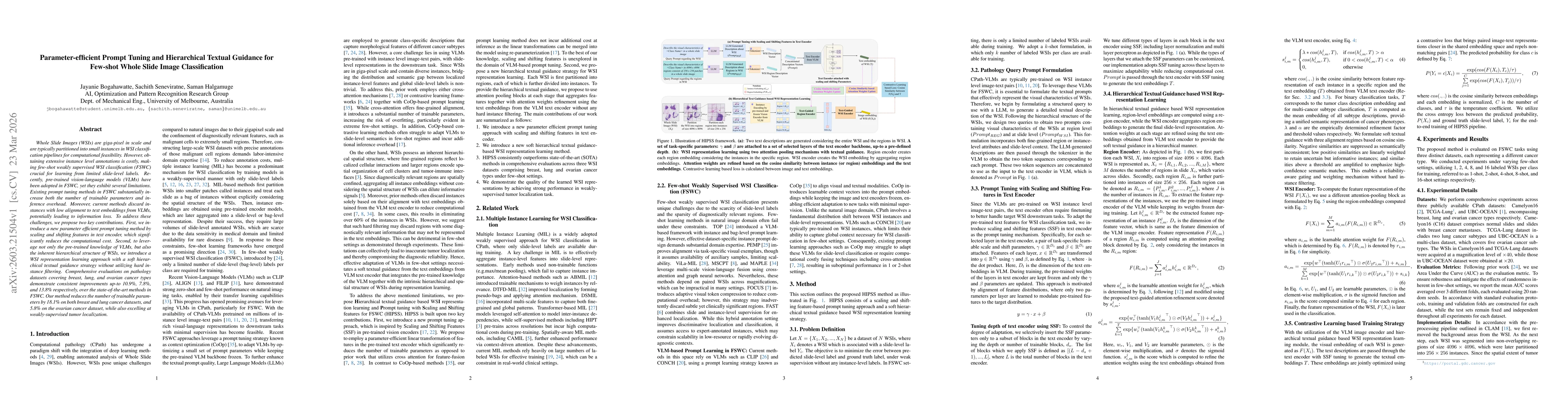 Thumbnail for Parameter-efficient Prompt Tuning and Hierarchical Textual Guidance for Few-shot Whole Slide Image Classification
