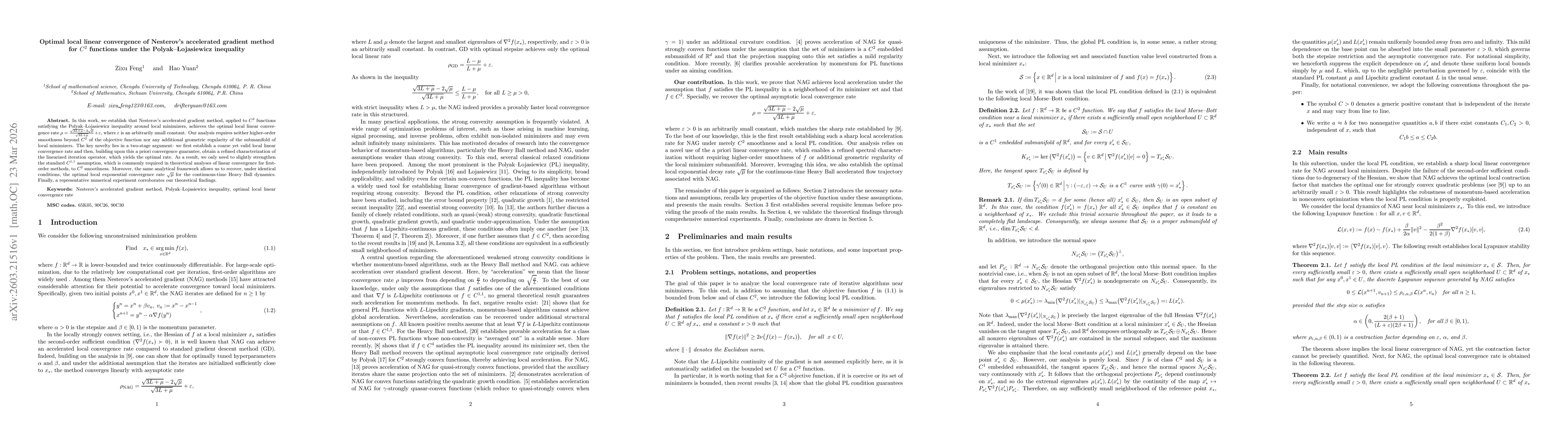 Thumbnail for Optimal local linear convergence of Nesterov's accelerated gradient method for $C^2$ functions under the Polyak--Łojasiewicz inequality