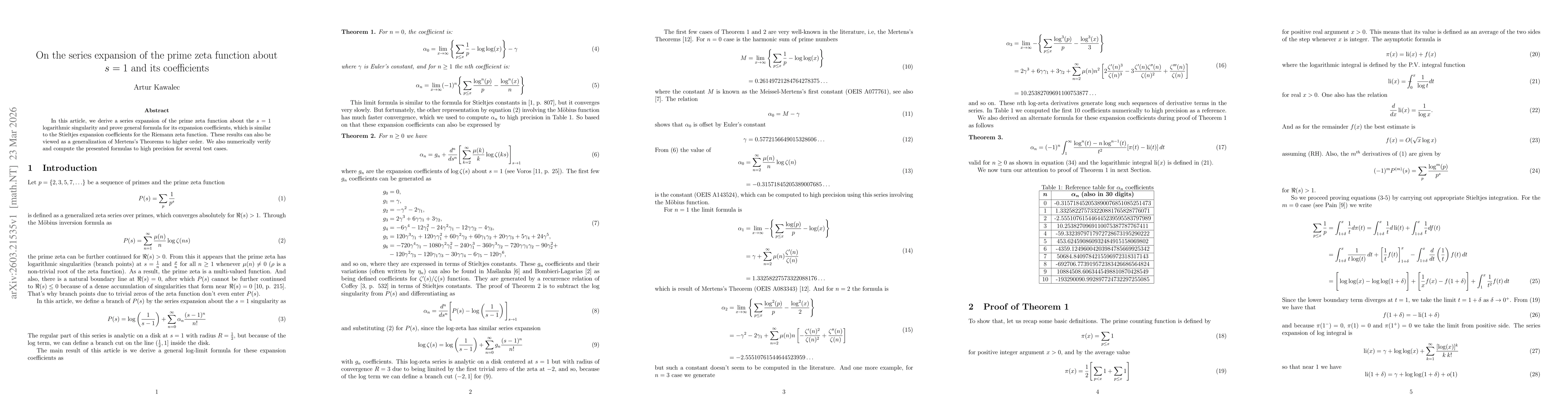 Thumbnail for On the series expansion of the prime zeta function about $s=1$ and its coefficients