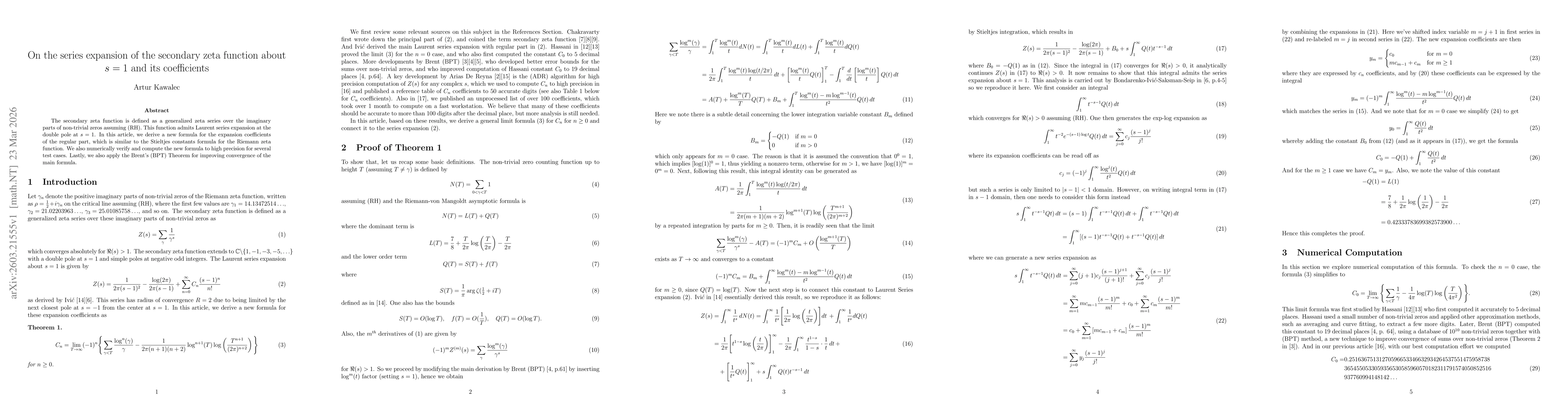 Thumbnail for On the series expansion of the secondary zeta function about $s=1$ and its coefficients