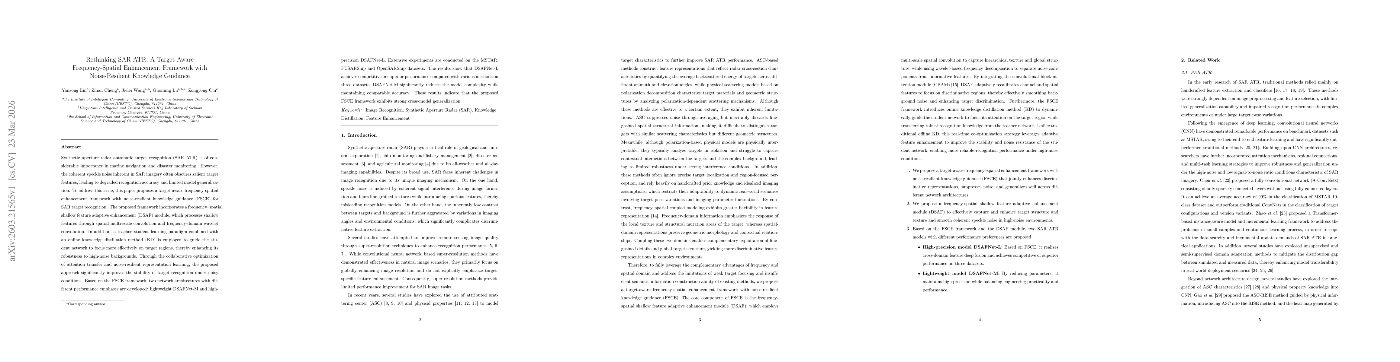 Thumbnail for Rethinking SAR ATR: A Target-Aware Frequency-Spatial Enhancement Framework with Noise-Resilient Knowledge Guidance
