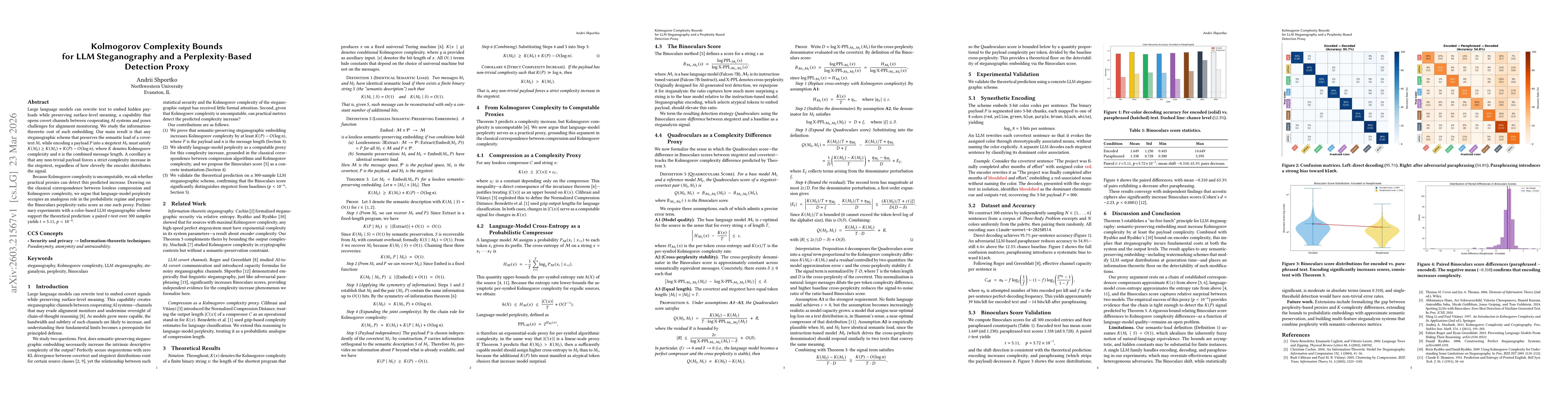 Thumbnail for Kolmogorov Complexity Bounds for LLM Steganography and a Perplexity-Based Detection Proxy