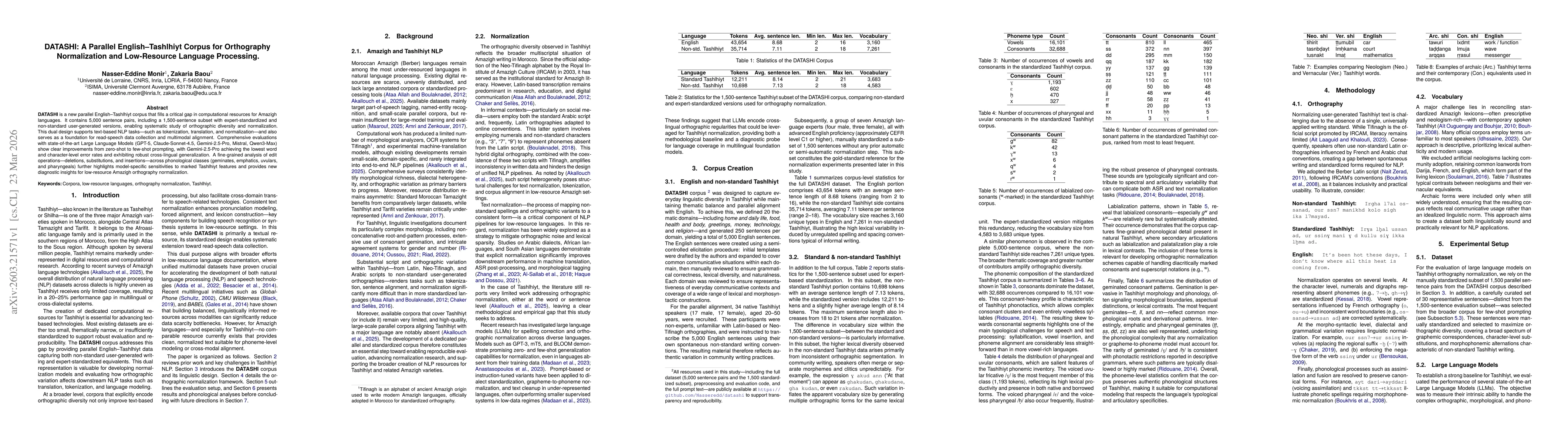 Thumbnail for DATASHI: A Parallel English-Tashlhiyt Corpus for Orthography Normalization and Low-Resource Language Processing