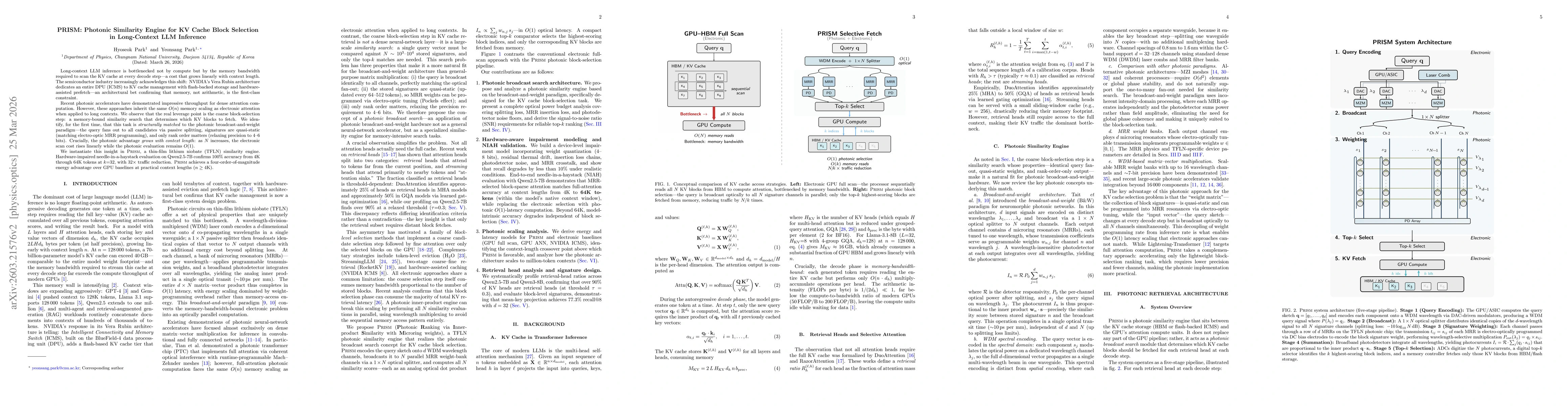 Thumbnail for PRISM: Breaking the O(n) Memory Wall in Long-Context LLM Inference via O(1) Photonic Block Selection