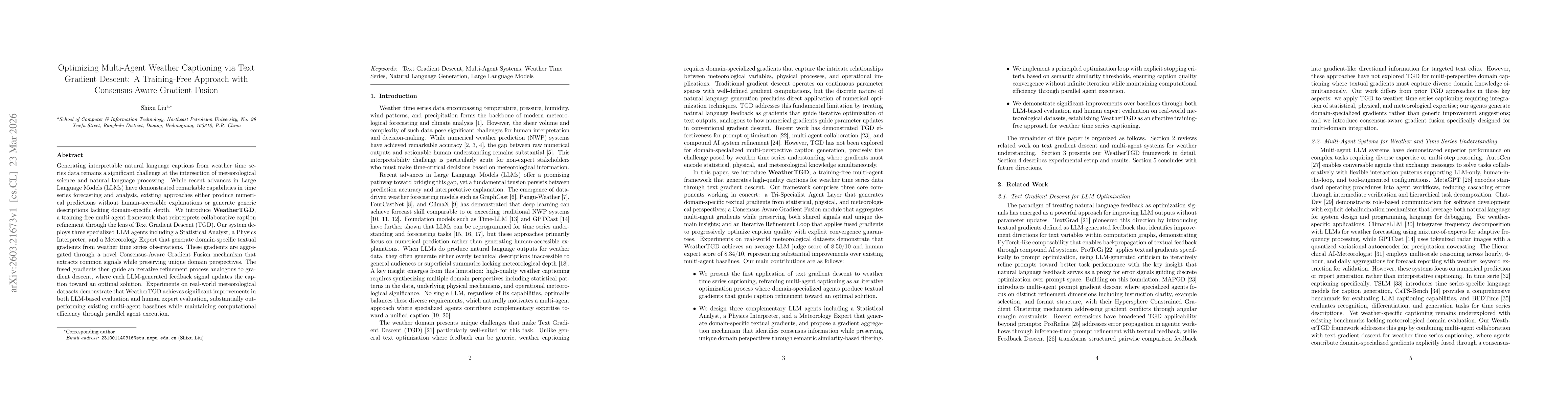 Thumbnail for Optimizing Multi-Agent Weather Captioning via Text Gradient Descent: A Training-Free Approach with Consensus-Aware Gradient Fusion