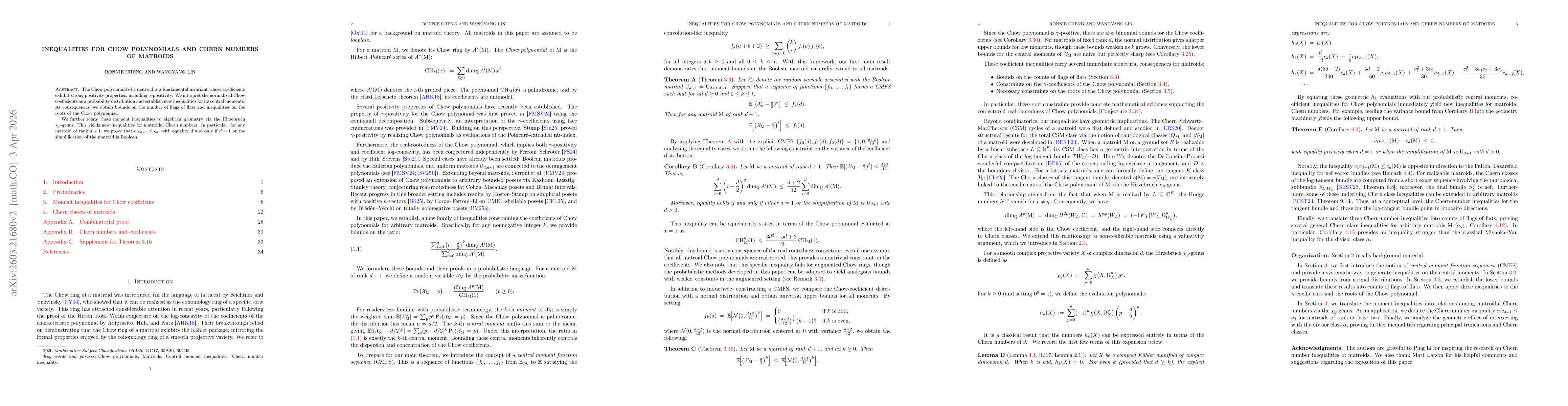 Thumbnail for Moment inequalities for Chow polynomials of matroids and bounds on Chern numbers
