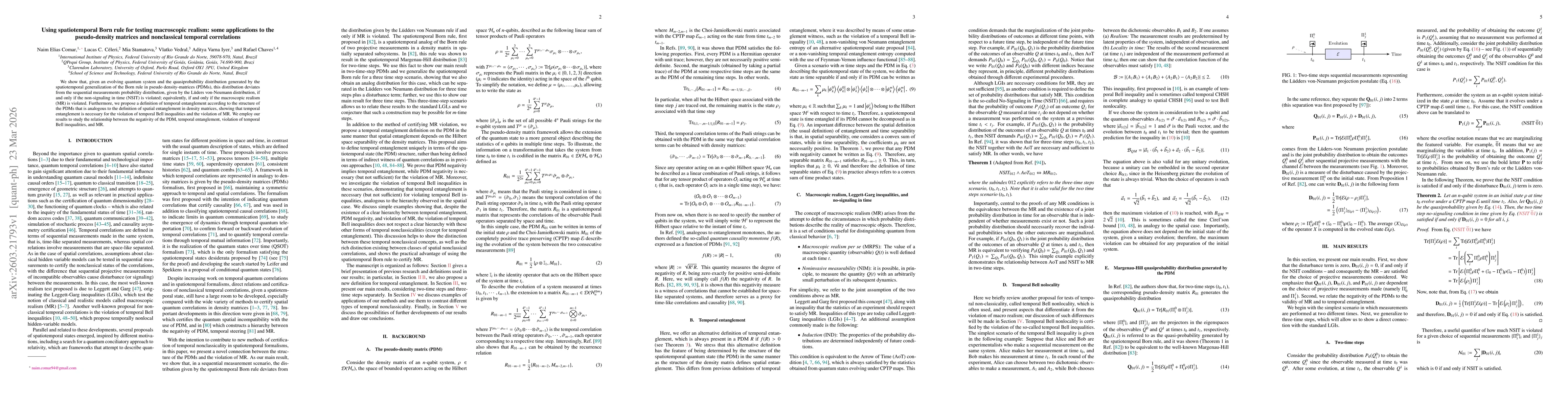 Thumbnail for Using spatiotemporal Born rule for testing macroscopic realism: some applications to the pseudo-density matrices and nonclassical temporal correlations