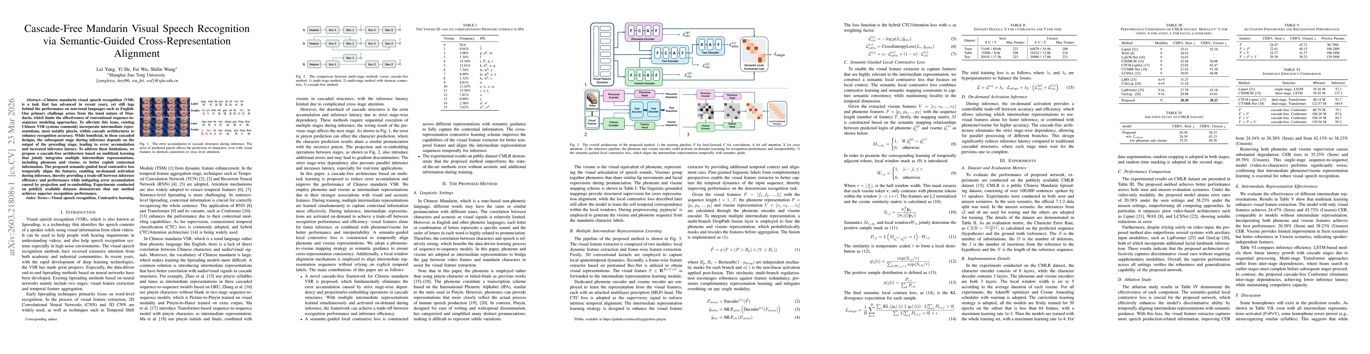 Thumbnail for Cascade-Free Mandarin Visual Speech Recognition via Semantic-Guided Cross-Representation Alignment
