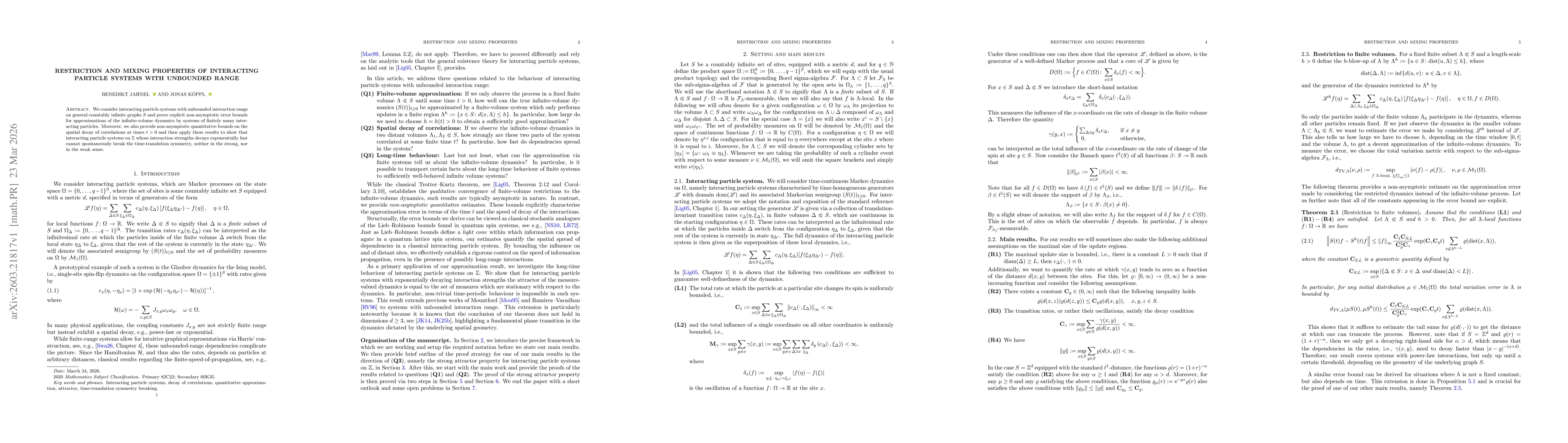 Thumbnail for Restriction and mixing properties of interacting particle systems with unbounded range