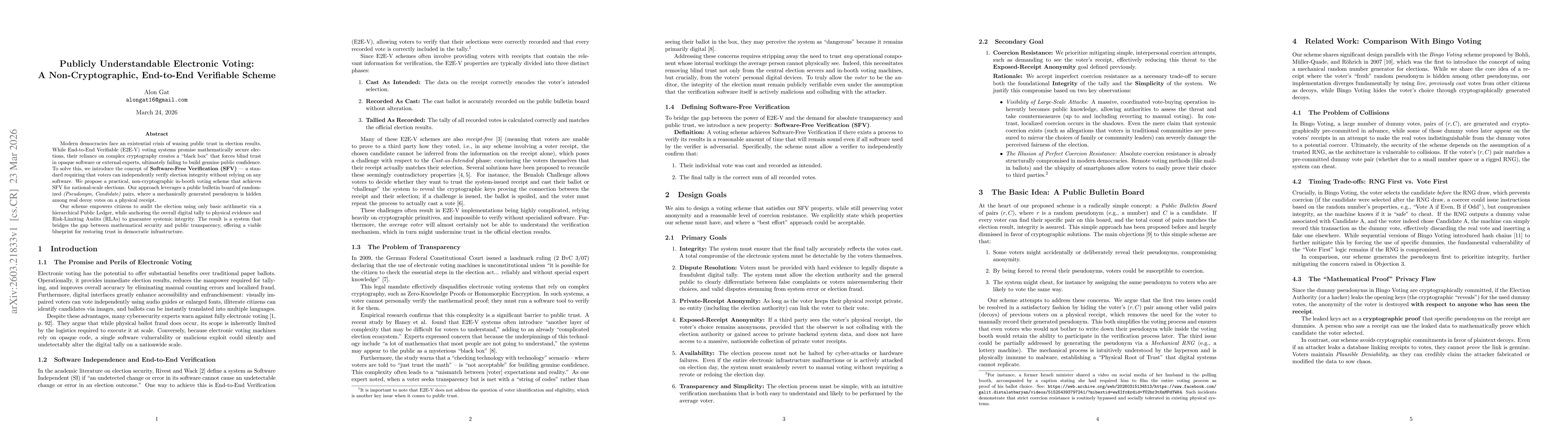 Thumbnail for Publicly Understandable Electronic Voting: A Non-Cryptographic, End-to-End Verifiable Scheme