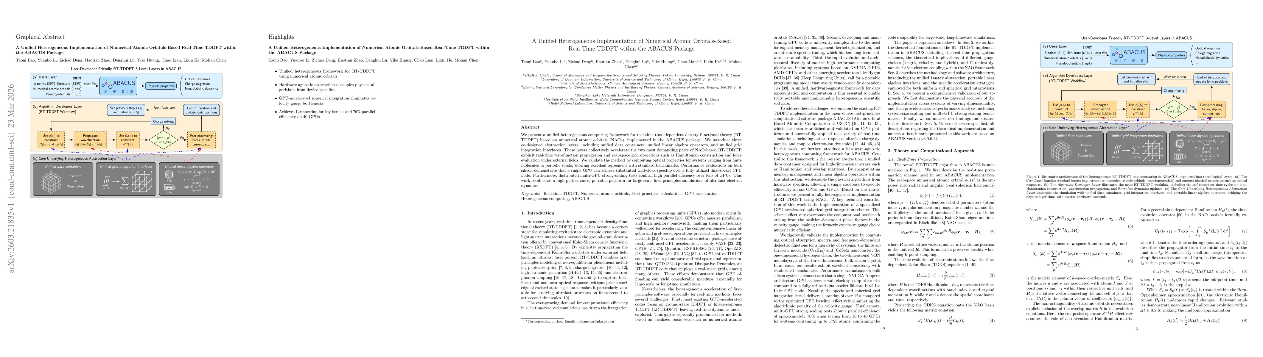 Thumbnail for A Unified Heterogeneous Implementation of Numerical Atomic Orbitals-Based Real-Time TDDFT within the ABACUS Package