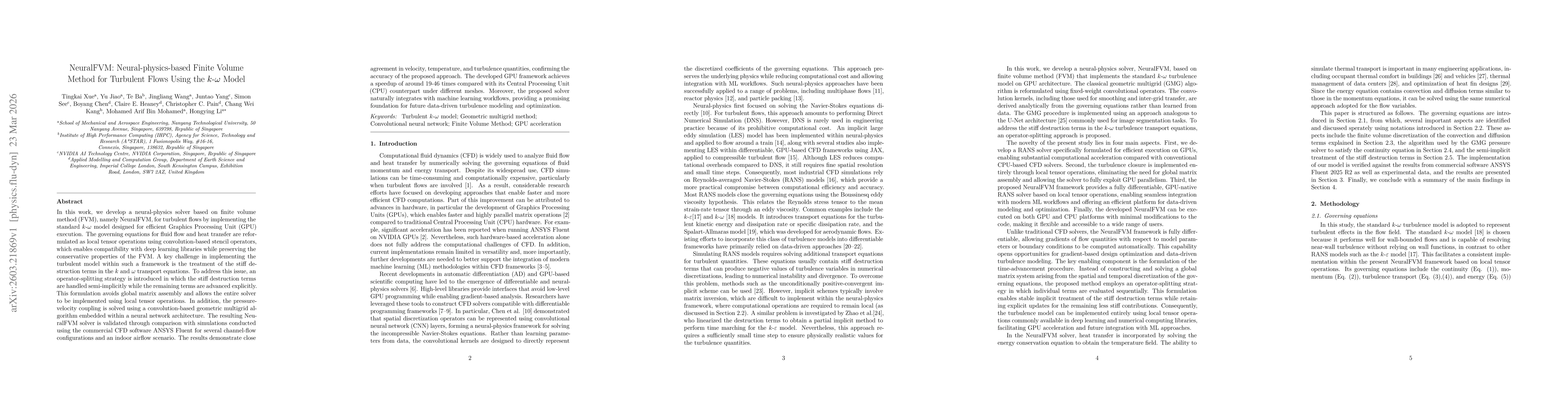 Thumbnail for NeuralFVM: Neural-physics-based Finite Volume Method for Turbulent Flows Using the $k$-$ω$ Model