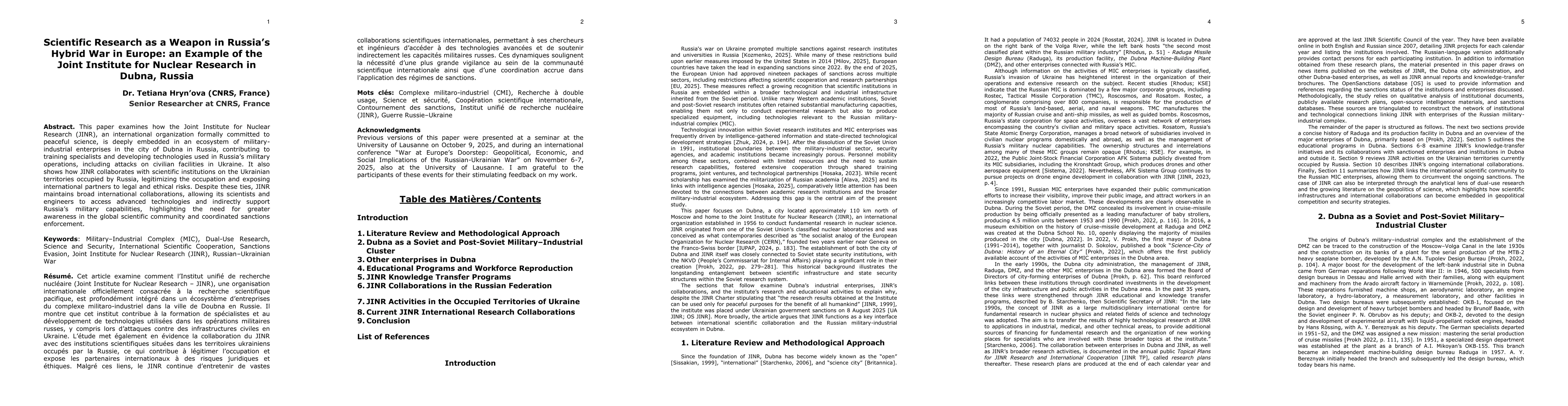 Thumbnail for Scientific Research as a Weapon in Russia's Hybrid War in Europe: an Example of the Joint Institute for Nuclear Research in Dubna, Russia