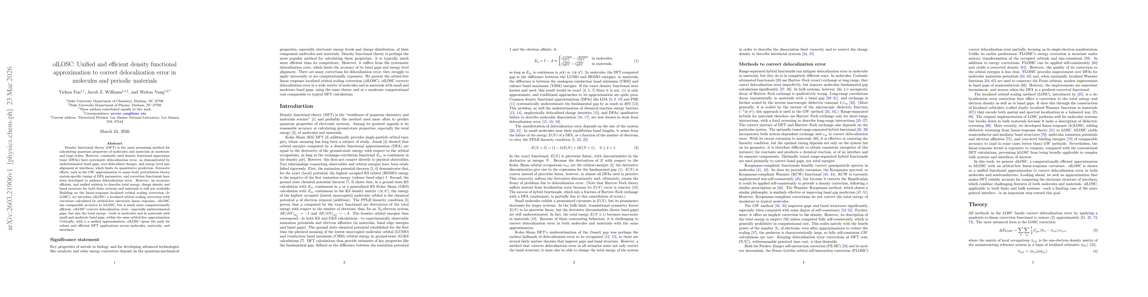Thumbnail for olLOSC: Unified and efficient density functional approximation to correct delocalization error in molecules and periodic materials