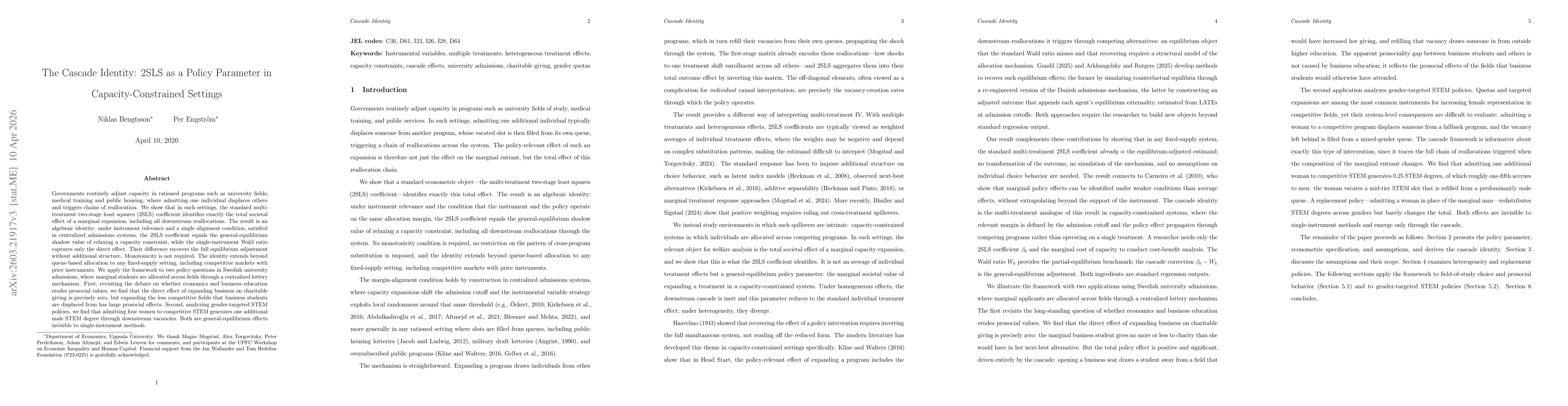 Thumbnail for The Cascade Identity: 2SLS as a Policy Parameter in Capacity-Constrained Settings
