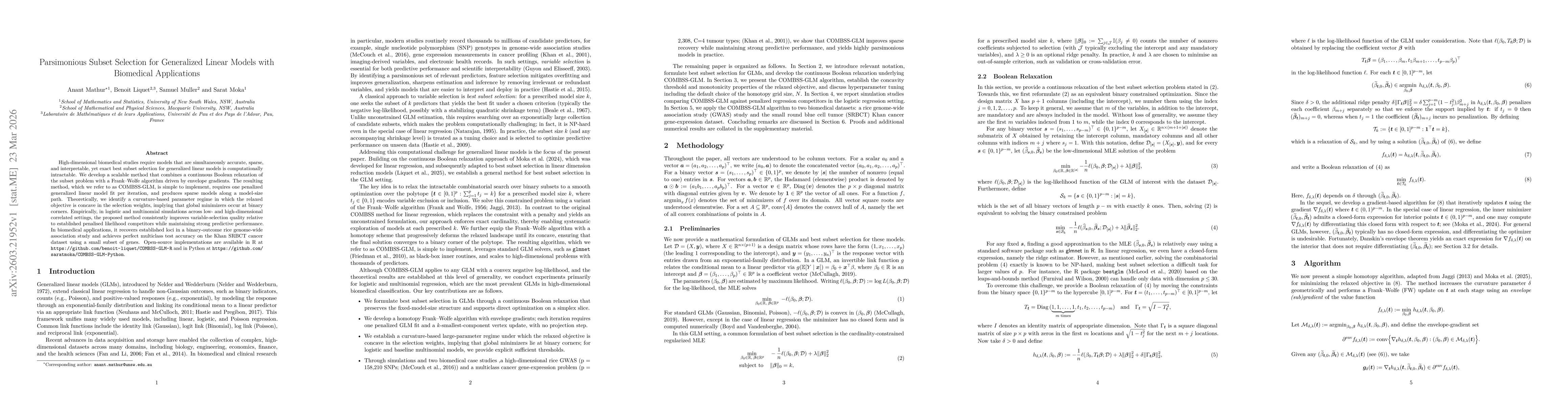 Thumbnail for Parsimonious Subset Selection for Generalized Linear Models with Biomedical Applications