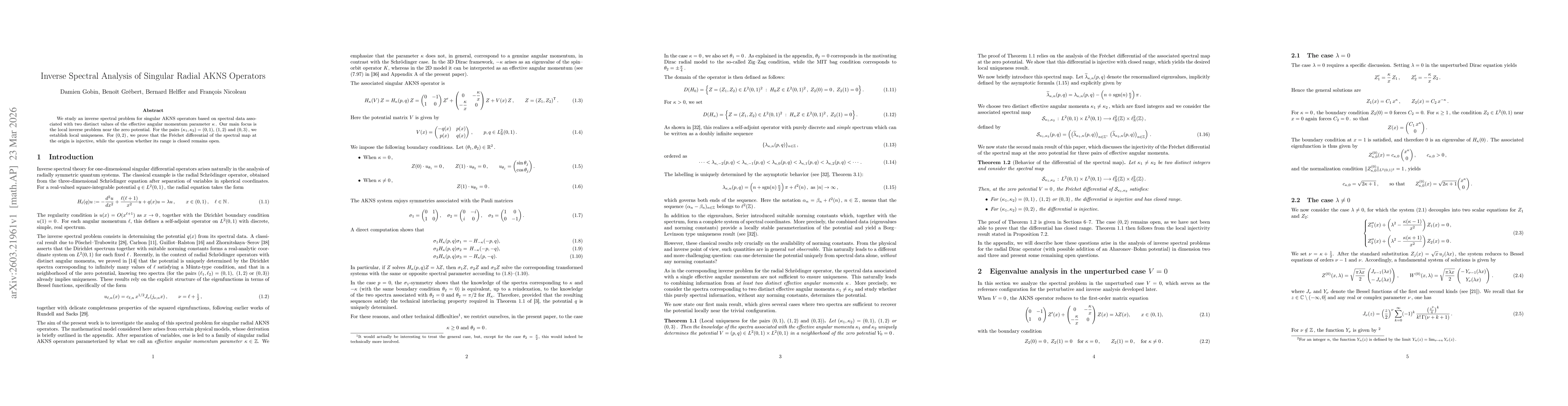 Thumbnail for Inverse Spectral Analysis of Singular Radial AKNS Operators