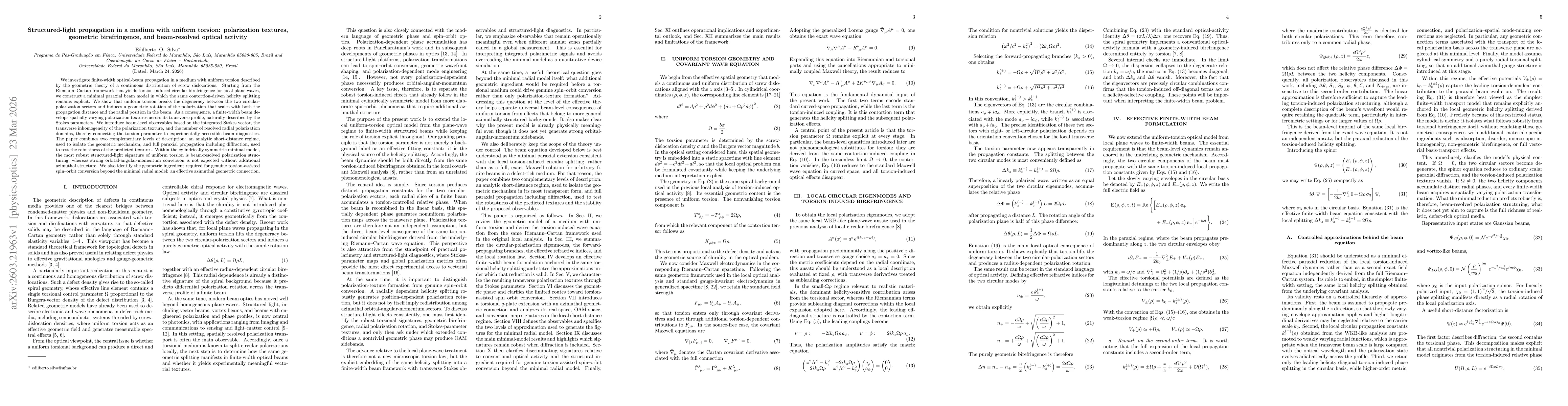 Thumbnail for Structured-light propagation in a medium with uniform torsion: polarization textures, geometric birefringence, and beam-resolved optical activity