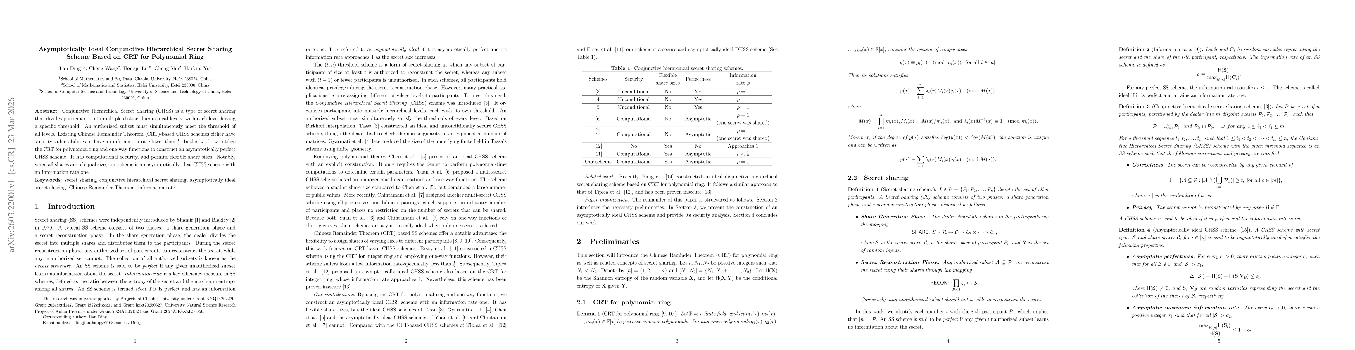 Thumbnail for Asymptotically Ideal Conjunctive Hierarchical Secret Sharing Scheme Based on CRT for Polynomial Ring
