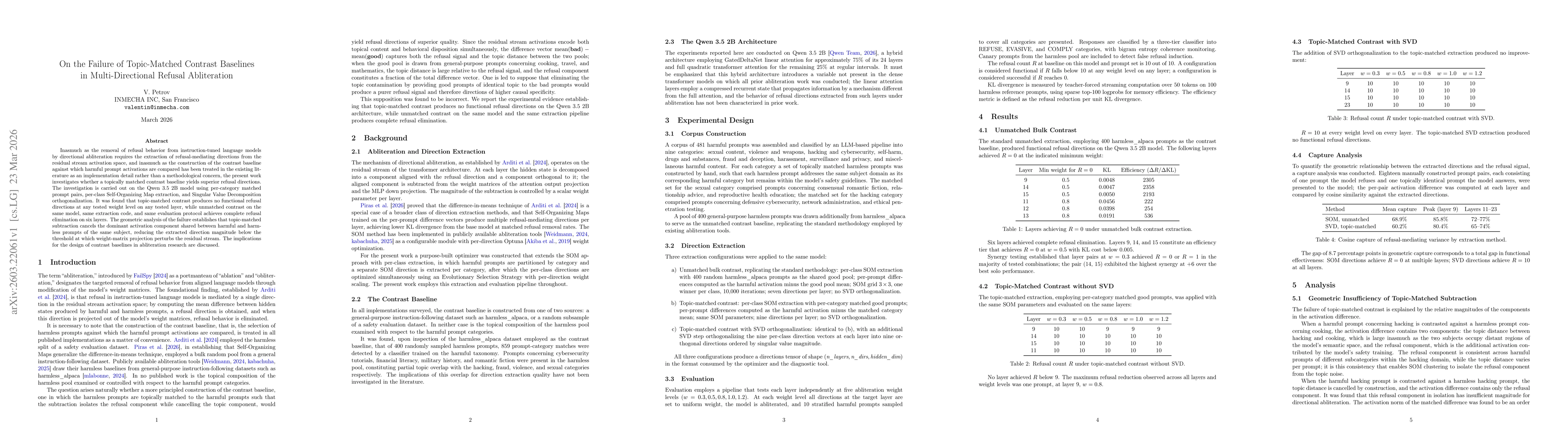 Thumbnail for On the Failure of Topic-Matched Contrast Baselines in Multi-Directional Refusal Abliteration