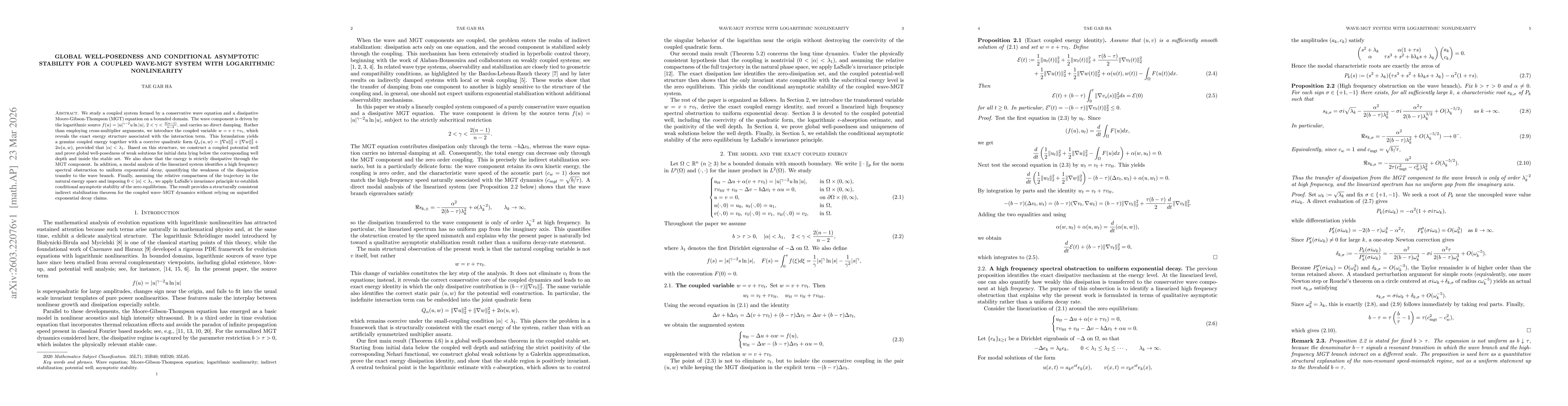 Thumbnail for Global Well-Posedness and Conditional Asymptotic Stability for a Coupled Wave-MGT System with Logarithmic Nonlinearity
