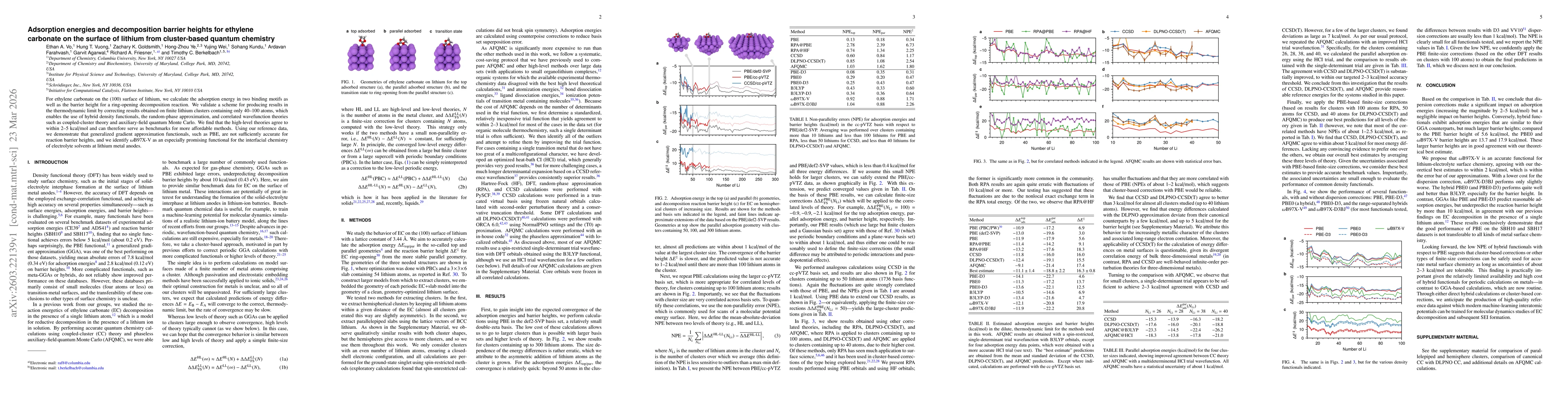Thumbnail for Adsorption energies and decomposition barrier heights for ethylene carbonate on the surface of lithium from cluster-based quantum chemistry
