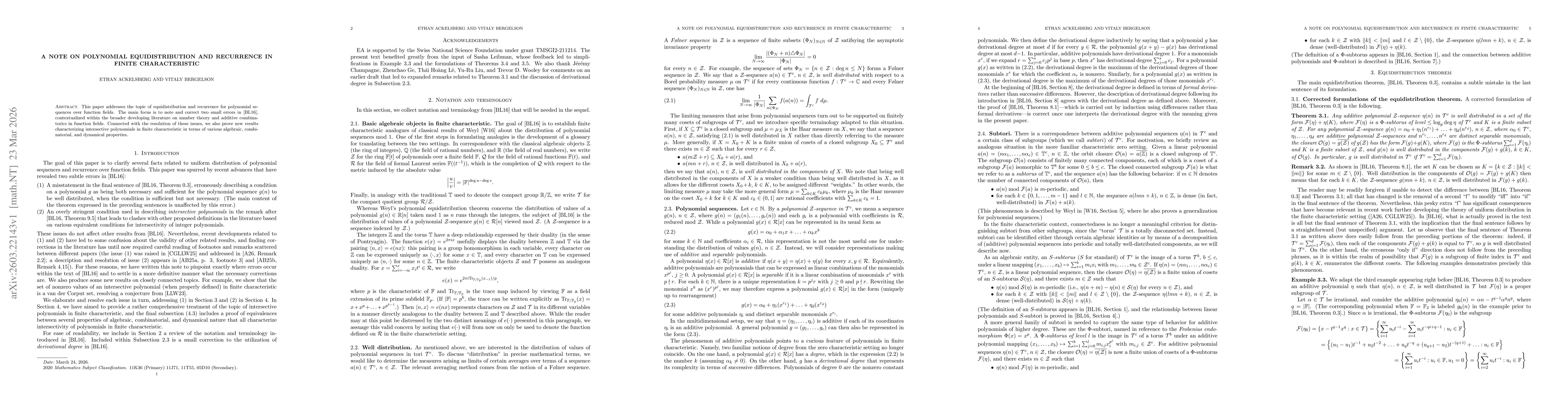 Thumbnail for A note on polynomial equidistribution and recurrence in finite characteristic