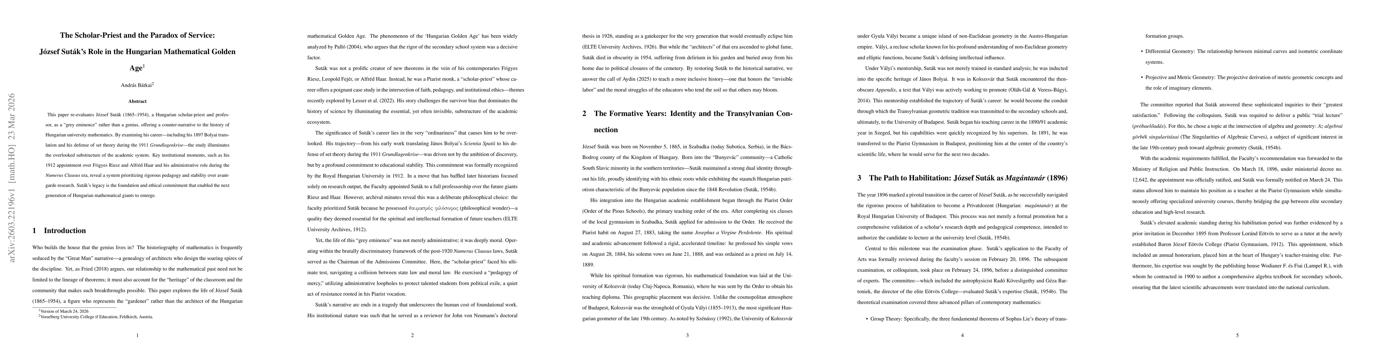 Thumbnail for The Scholar-Priest and the Paradox of Service: Jozsef Sutak's Role in the Hungarian Mathematical Golden Age