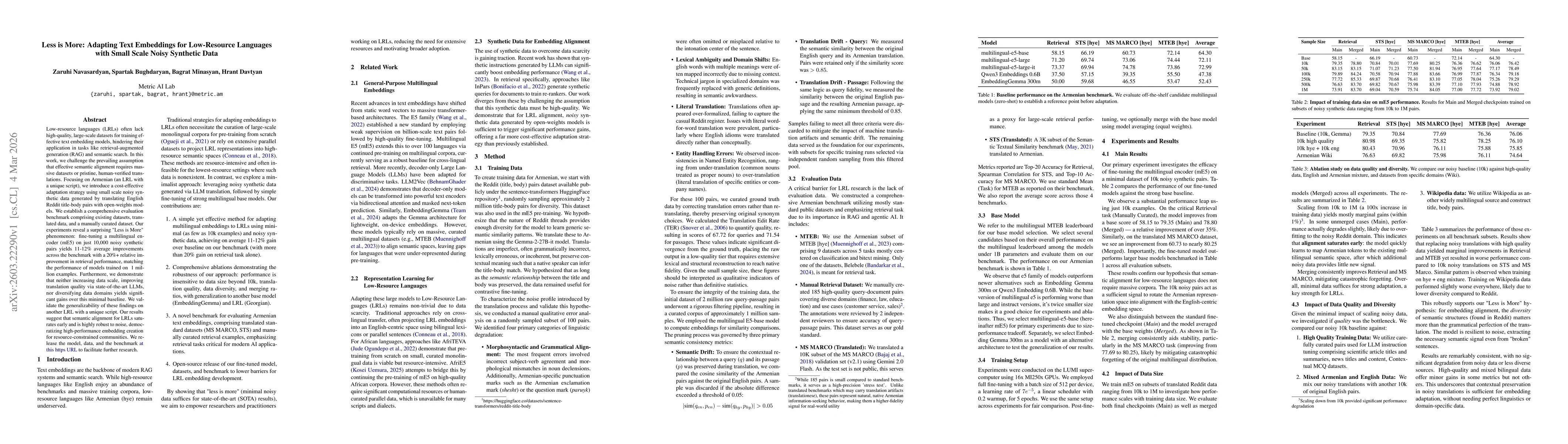Thumbnail for Less is More: Adapting Text Embeddings for Low-Resource Languages with Small Scale Noisy Synthetic Data