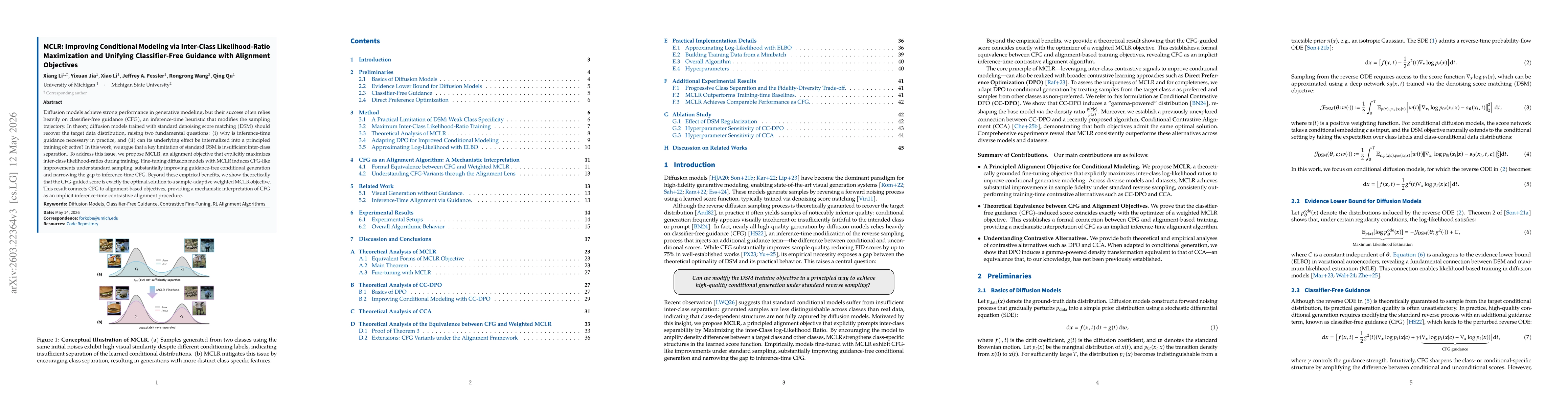 Thumbnail for MCLR: Improving Conditional Modeling in Visual Generative Models via Inter-Class Likelihood-Ratio Maximization and Establishing the Equivalence between Classifier-Free Guidance and Alignment Objectives