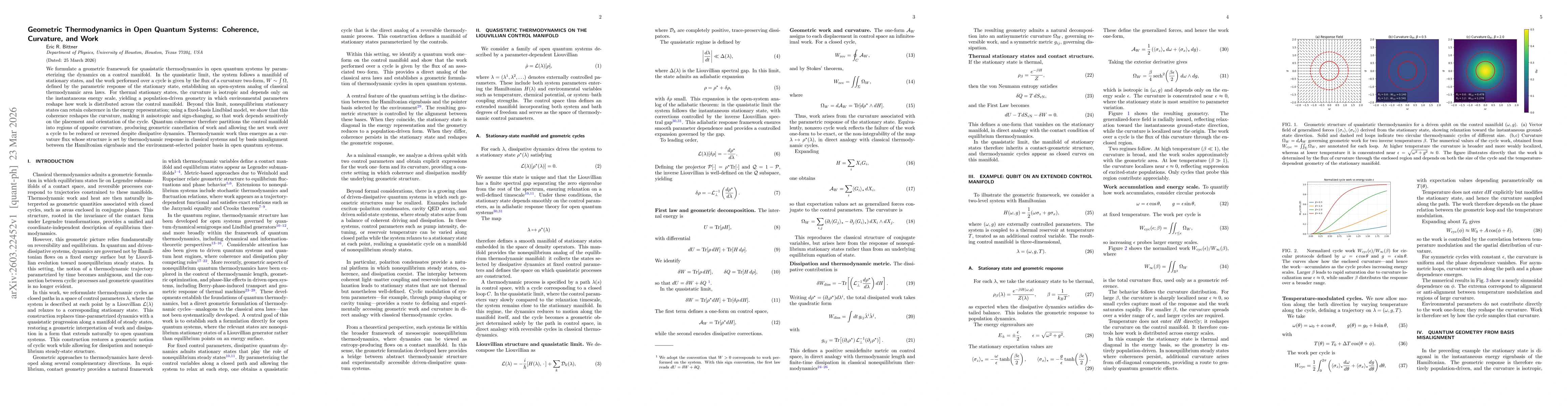Thumbnail for Geometric Thermodynamics in Open Quantum Systems: Coherence, Curvature, and Work