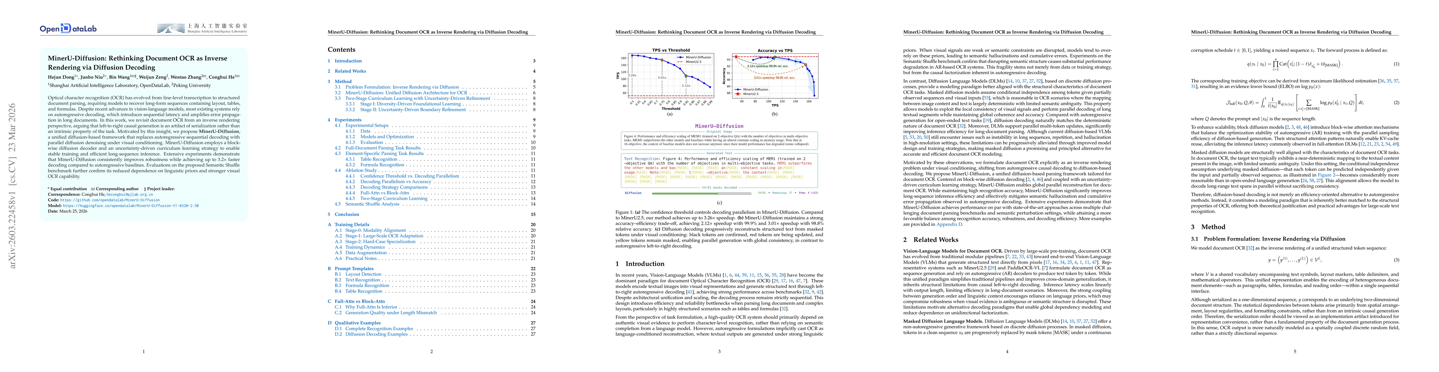 Thumbnail for MinerU-Diffusion: Rethinking Document OCR as Inverse Rendering via Diffusion Decoding