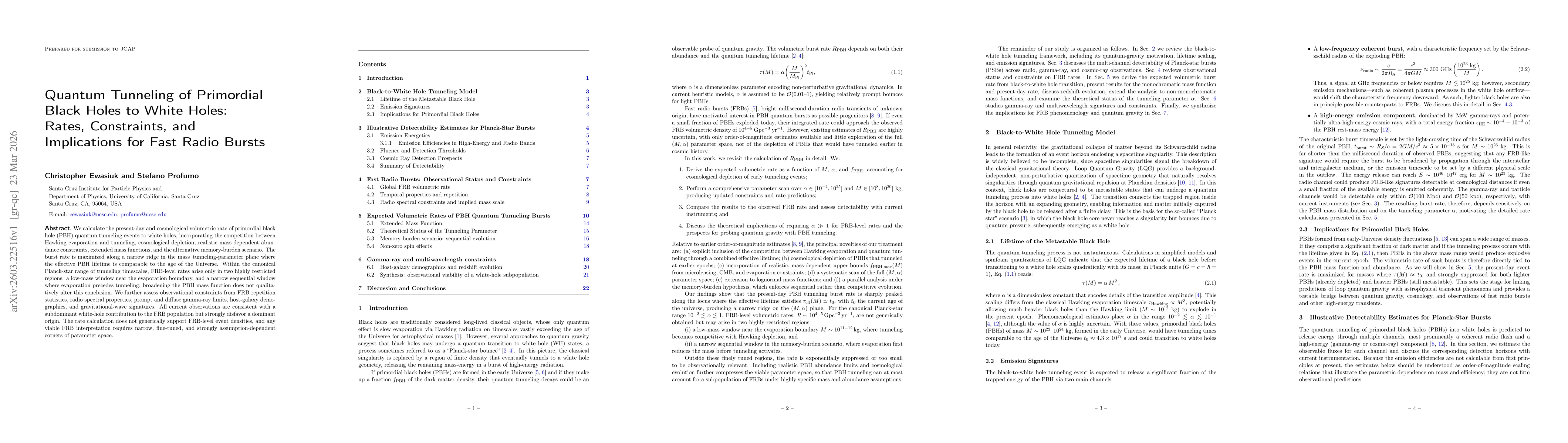 Thumbnail for Quantum Tunneling of Primordial Black Holes to White Holes: Rates, Constraints, and Implications for Fast Radio Bursts