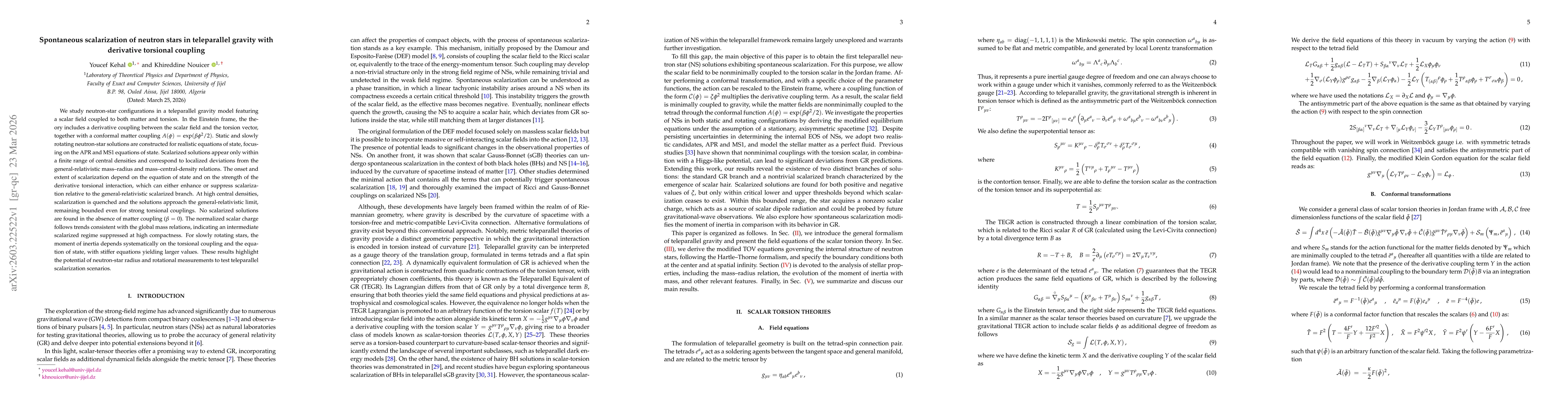 Thumbnail for Spontaneous scalarization of neutron stars in teleparallel gravity with derivative torsional coupling