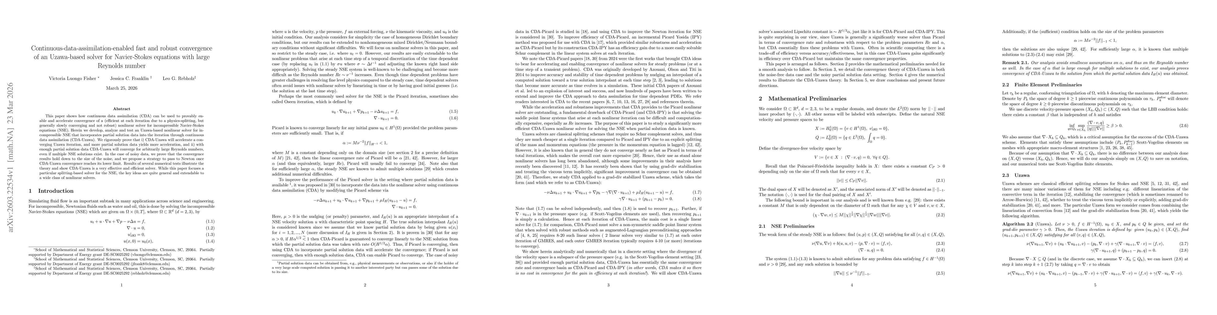 Thumbnail for Continuous-data-assimilation-enabled fast and robust convergence of an Uzawa-based solver for Navier-Stokes equations with large Reynolds number
