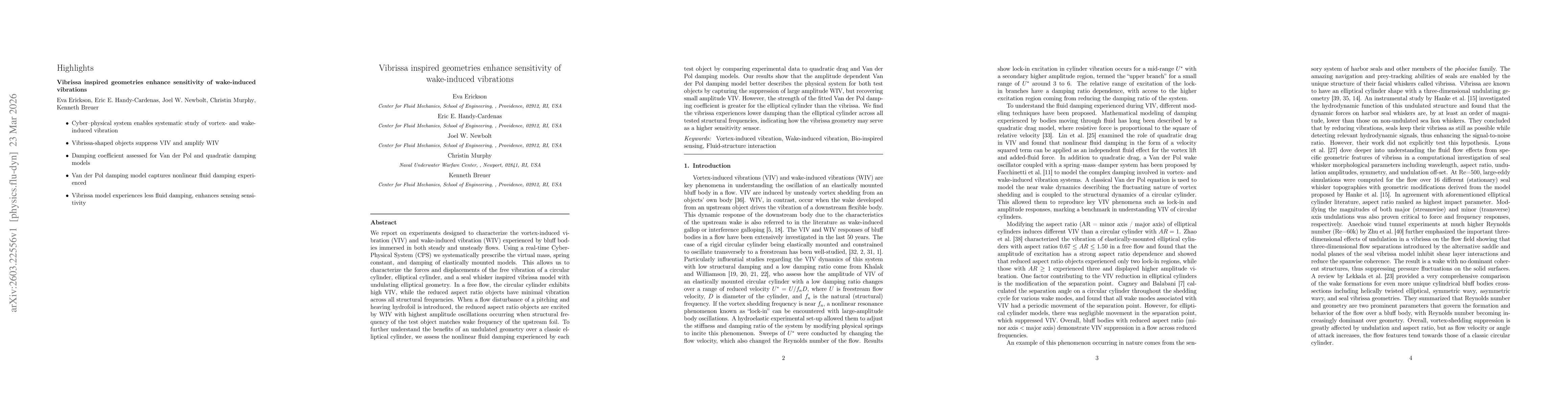 Thumbnail for Vibrissa inspired geometries enhance sensitivity of wake-induced vibrations