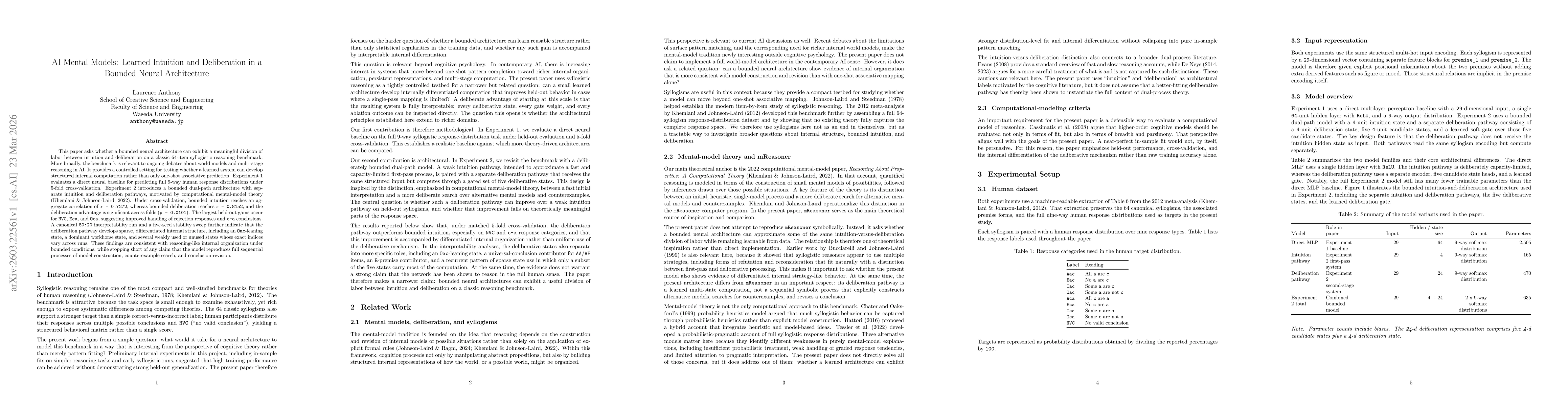 Thumbnail for AI Mental Models: Learned Intuition and Deliberation in a Bounded Neural Architecture