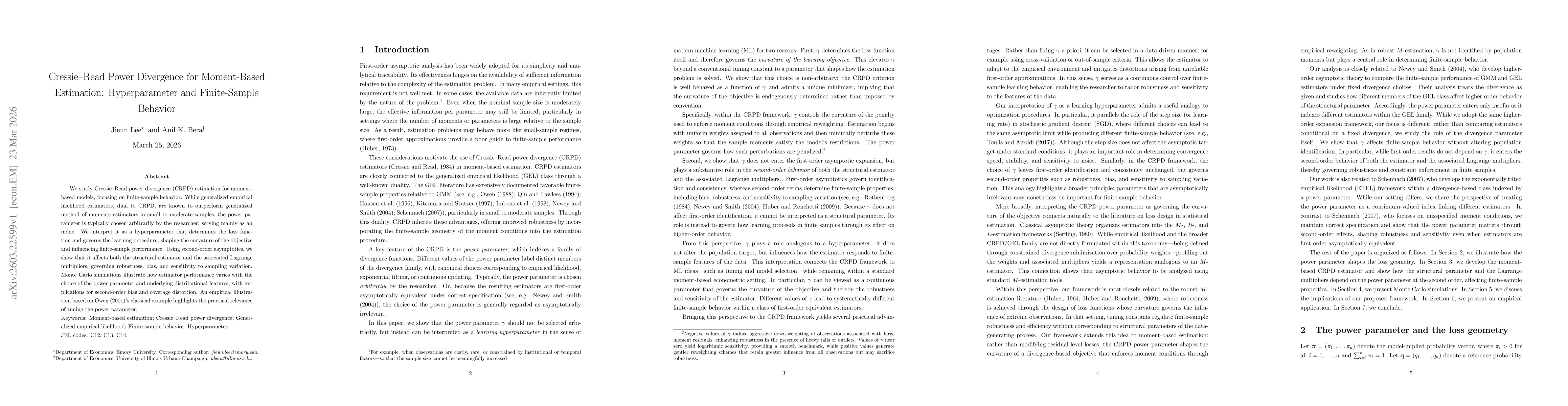 Thumbnail for Cressie Read Power Divergence for Moment-Based Estimation: Hyperparameter and Finite Sample Behavior