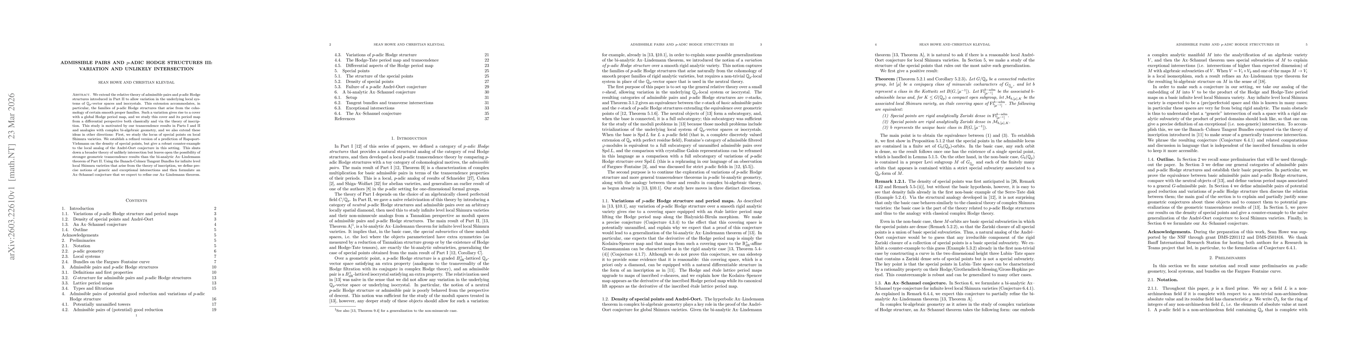 Thumbnail for Admissible pairs and $p$-adic Hodge structures III: Variation and unlikely intersection
