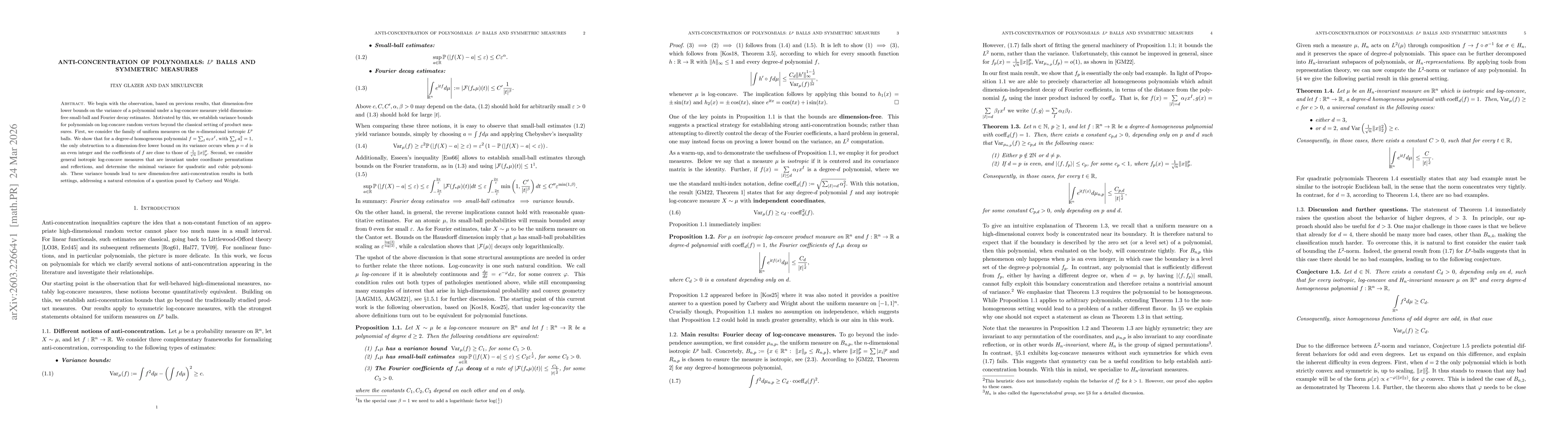 Thumbnail for Anti-concentration of polynomials: $L^{p}$ balls and symmetric measures